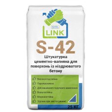 Штукатурка цементно-вапняна для поверхонь із ніздрюватого бетону Link S-42 25 кг Штукатурка цементно-вапняна для поверхонь із ніздрюватого бетону Link S-42 25 кг